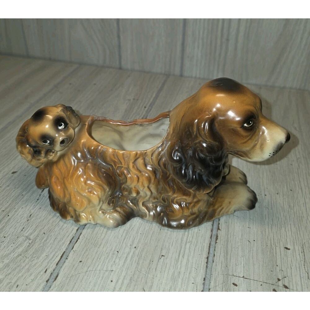 Vintage 1950s Inarco Cocker Spaniel Mom With Puppy Planter Dog Figurine